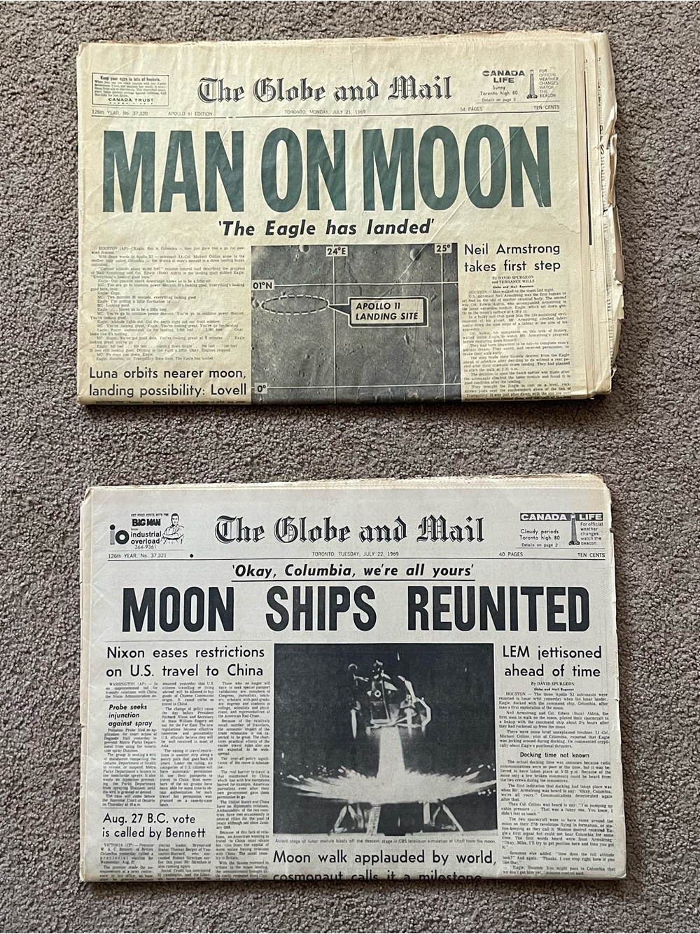 Vintage 1969 Toronto Globe And Mail Newspaper Moon Landing Apollo 11 Cover x2